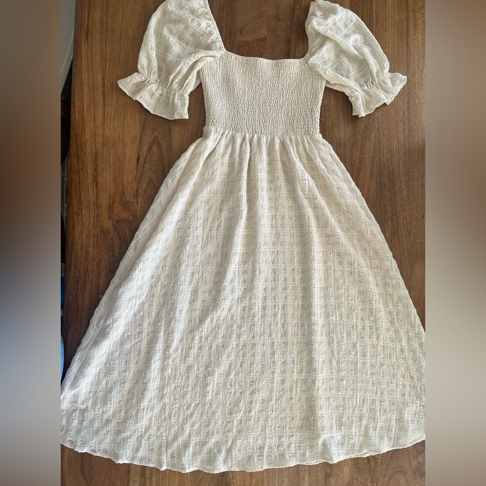 Altar'd State White Textured Puff-Sleeve Midi Dress